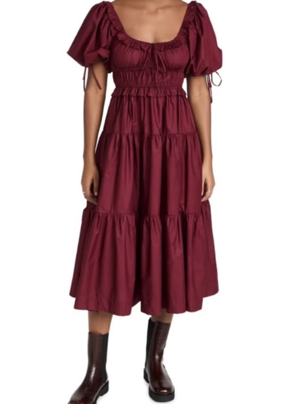 En Saison Burgundy Puff Sleeve Tiered Midi Dress M